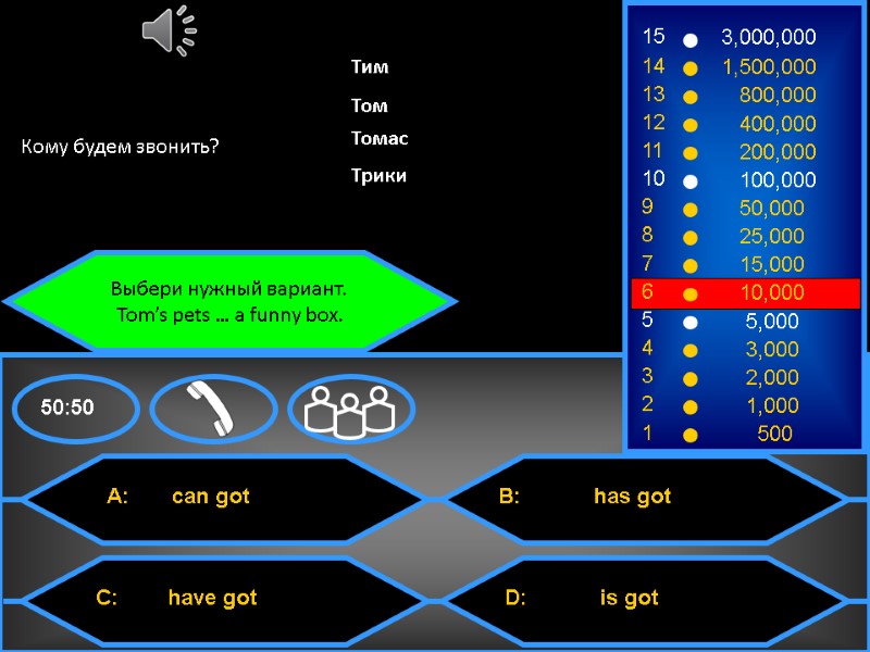 Выбери нужный вариант.  Tom’s pets … a funny box. Кому будем звонить? Тим